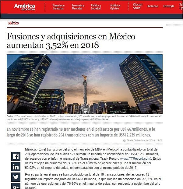 Fusiones y adquisiciones en Mxico aumentan 3,52% en 2018